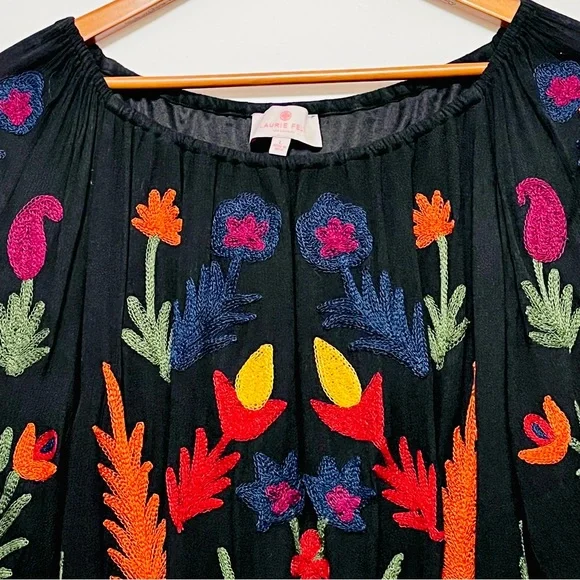 LAURIE FELT Black Peasant Blouse with Multicolor Floral Embroidery - Picture 3 of 16
